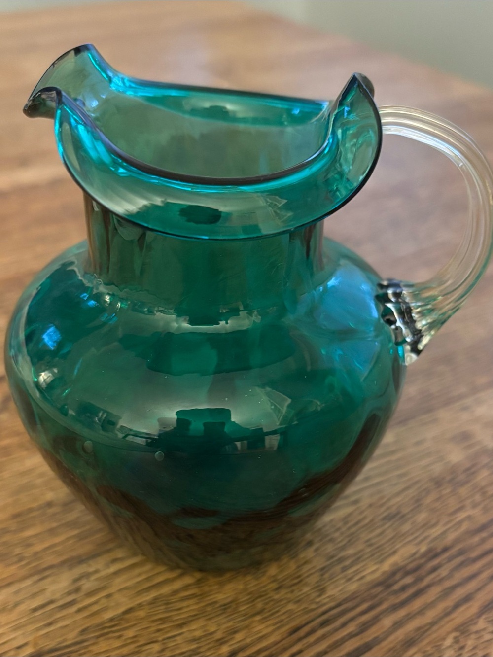 Vintage MCM Blenko (?) Emerald Green Glass Small Pitcher W/ Clear Handle